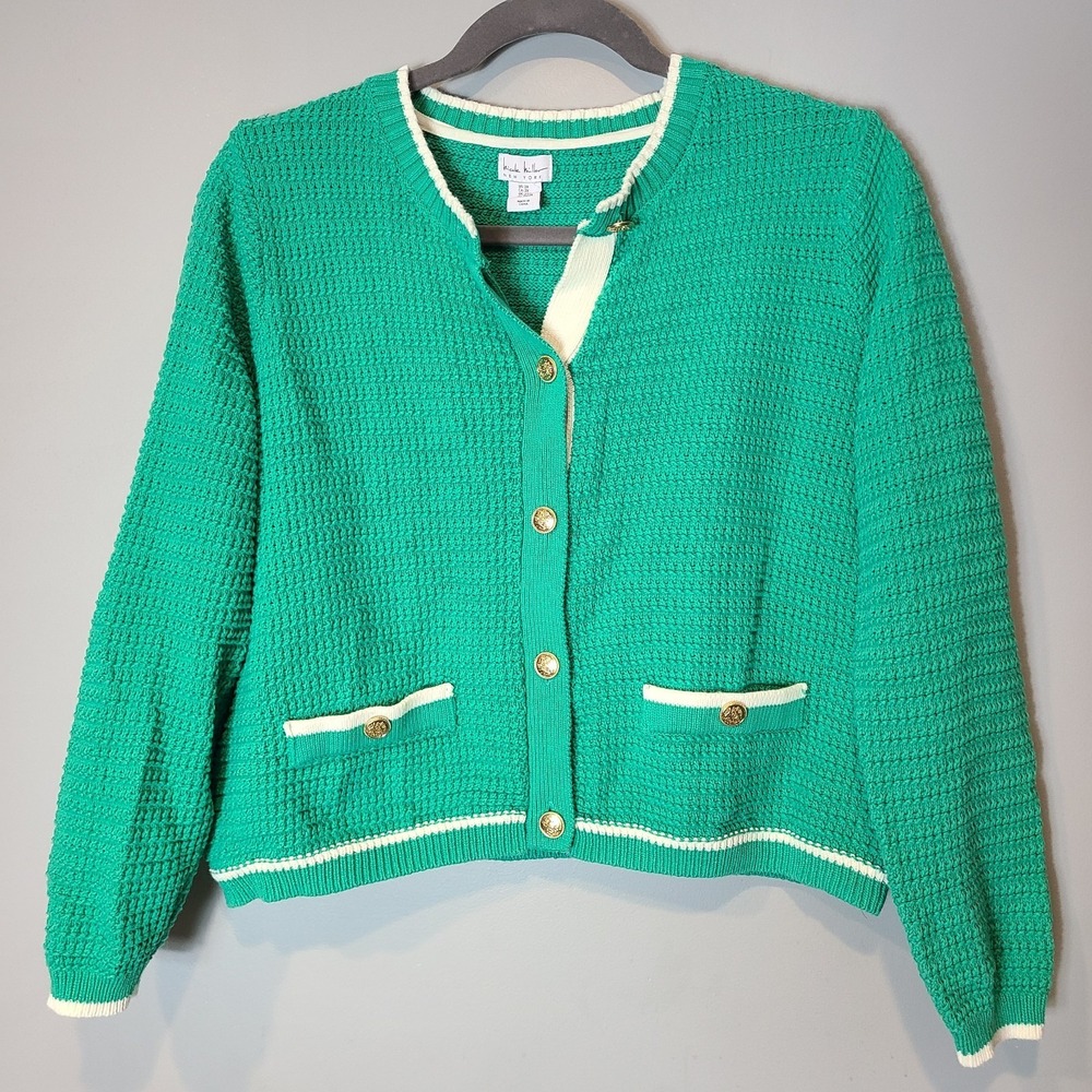 Nicole‎ Miller Cardigan Cotton Sz 2X Green Old Money Tennis Prep Varsity Coastal